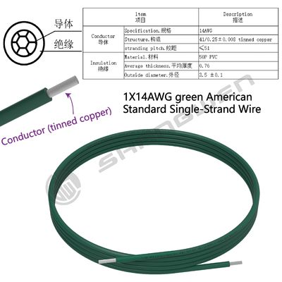 PVC Wire 14AWG Power Cord Green 14AWG Stranded Conductor Wire 105 VW-1 AWM 1015 14AWG 105℃ 600V VW-1 FT1 600V PVC Wire
